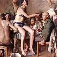 Dinner in Jordaens Style, oil painting on canvas, 150x170 cm, 1998–1999