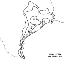 Black and white contoured map of rainfall amounts. Each line represents an interval of 3 in (76 mm) of precipitation.