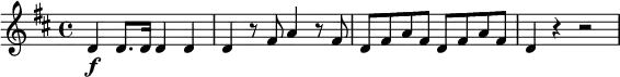 \relative c' { \set Staff.midiInstrument = #"oboe" \set Score.tempoHideNote = ##t \tempo 4 = 144
\key d \major
\tempo "Allegro"
d4\f d8. d16 d4 d | d r8 fis a4 r8 fis | d fis a fis d fis a fis | d4 r r2
}