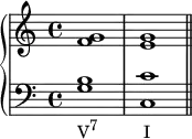 \new PianoStaff <<
\new Staff <<
\relative c' {
\voiceOne \clef treble \key c \major \time 4/4
<f g>1 <e g>
}
>>
\new Staff <<
\new Voice \relative c' {
\clef bass \key c \major \time 4/4
<g b>_\markup { \concat { "V" \raise #1 \small "7" \hspace #6 "I" } } <c, c'> \bar "||"
}
>>
>>