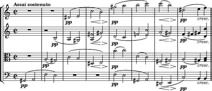 {
<< \new StaffGroup <<
\new Staff <<
\tempo "Assai sostenuto"
\relative c' {
\clef treble \key a \minor \time 2/2
R1
R
dis2(\pp e
c'\< b\>)
gis'(\pp a
b c)
c\<( b\>)
dis,(\pp e4_\markup { \italic cresc. } f) \bar "||"
}
>>
\new Staff <<
\clef treble \key a \minor \time 2/2
\new Voice \relative c' {
R1
r2 b(\pp
a gis)
<a fis'>\<( gis'\>)
d(\pp c
f! <e c'>)
a\<( gis\>)
f4(\pp fis gis_\markup { \italic cresc. } <d d'>)
}
>>
\new Staff <<
\clef alto \key a \minor \time 2/2
\new Voice \relative c' {
R1
a2(\pp gis)
c( b
dis,\< e)\>
b''(\pp c)
d,( c)
fis,(\< gis)\>
a(\pp gis4)_\markup { \italic cresc. } <gis b>
}
>>
\new Staff <<
\clef bass \key a \minor \time 2/2
\new Voice \relative c {
gis2\pp( a
f' e)
R1
R1
f2(\pp e
gis, a)
dis,\<( e\>
c')\pp b4_\markup { \italic cresc. } b
}
>>
>>
>> }