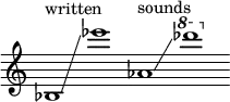 {
\new Staff \with { \remove "Time_signature_engraver" }
\clef treble \key c \major ^ \markup "written" \cadenzaOn
bes1 \glissando ees'''1
aes'1 ^ \markup "sounds" \glissando \ottava #1 des''''1
}