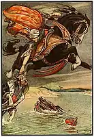 "Diuk stooped and caught Churilo by his yellow curls"Illustration for Russian Fairy Book (1916).