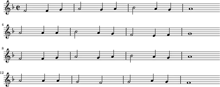 \new Staff <<
\clef treble \key f \major {
\time 2/2 \partial 1
\relative f' {
f2 f4 g | a2 g4 a | bes2 a4 g | a1 \bar"" \break
a2 a4 a | bes2 a4 g | f2 e4 f | g1 \bar"" \break
f2 f4 g | a2 g4 a | bes2 a4 g | a1 \bar"" \break
a2 a4 a | g2 f | g2 a4 g | f1 \bar"" \break
}
}
%\new Lyrics \lyricmode {
%}
>>
\layout { indent = #0 }
\midi { \tempo 2 = 54 }