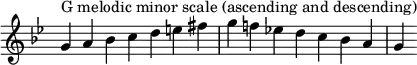 {
\omit Score.TimeSignature\relative c'' {
\key g \minor \time 7/4 g^"G melodic minor scale (ascending and descending)" a bes c d e fis g f! es! d c bes a g
} }