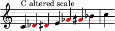 {
\override Score.TimeSignature #'stencil = ##f
\relative c' {
\clef treble \time 7/4 c4^\markup { C altered scale }
\override NoteHead.color = #red des dis
\override NoteHead.color = #black e
\override NoteHead.color = #red ges gis
\override NoteHead.color = #black bes c
}
}
