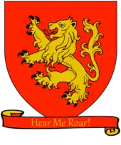 A coat of arms showing a golden lion on a red field