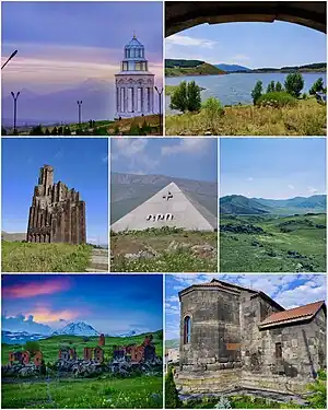 From top left: Holy Angels Church with Mount AragatsAparan reservoir • Battle of Abaran memorial Mausoleum of Dro • Natural landscape of AparanArmenian alphabet park • Kasagh Basilica