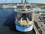 Aerial view of the stern of the Allure of the Seas docked at Port Everglades, Florida