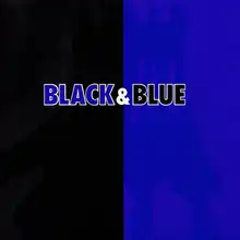 The cover is split in two different sides; the left side is colored black, while the right side is colored blue. The words Black & Blue are imprinted horizontally on the center of the cover, while on another version of the cover, the band name is printed vertically on the left side.