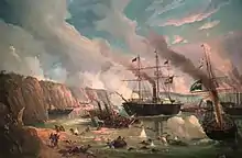 Painting of the battle, on a rocky coast