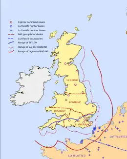 A map of Great Britain showing the range of its radar. The ranges reach out into the North Sea, English Channel and over northern France