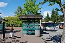 Photograph showing a bus-stop shelter with a woman reading a schedule on its left and a bus parked at the platform on its right