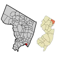 Location of Fairview in Bergen County highlighted in red (left). Inset map: Location of Bergen County in New Jersey highlighted in orange (right).