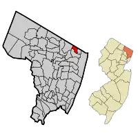 Location of Northvale in Bergen County highlighted in red (left). Inset map: Location of Bergen County in New Jersey highlighted in orange (right).
