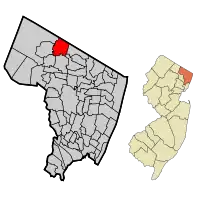 Location of Upper Saddle River in Bergen County highlighted in red (left). Inset map: Location of Bergen County in New Jersey highlighted in orange (right).