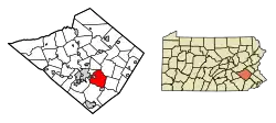 Location of Exeter Township in Berks County, Pennsylvania (left) and of Berks County in Pennsylvania (right)