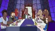 A screenshot from the television series BoJack Horseman, showing various characters sitting at a dinner table. From left to right, the characters featured are Corduroy Jackson-Jackson (voiced by Brandon T. Jackson), Herb Kazzaz (Stanley Tucci), Secretariat/Butterscotch Horseman (Will Arnett), BoJack Horseman (Arnett), Beatrice Horseman (Wendie Malick), Crackerjack Sugarman (Lin-Manuel Miranda), and Sarah Lynn (Kristen Schaal).