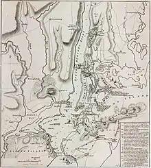 Outline map of the area in and around New York on 27 August 1776. The position of the British and American forces are marked on the map.