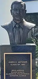 Head bust of James Metzger on Hofstra University campus which stands outside the main athletic complex.
