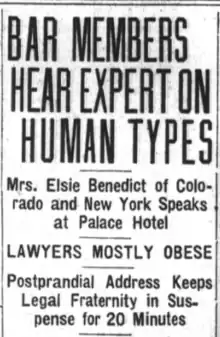 A 1919 newspaper article on Elsie Lincoln Benedict's lecture.