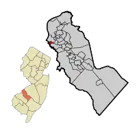 Location of Brooklawn in Camden County highlighted in red (right). Inset map: Location of Camden County in New Jersey highlighted in orange (left).