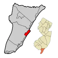 Location of Avalon in Cape May County highlighted in red (left). Inset map: Location of Cape May County in New Jersey highlighted in orange (right).