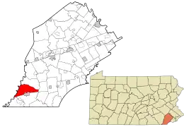 Location of Lower Oxford Township in Chester County, Pennsylvania (top) and of Chester County in Pennsylvania (below)