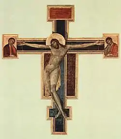 Cimabue Crucifix, 1287–1288, Panel, 448 x 390 cm Basilica di Santa Croce, Florence.