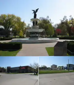 From top, left to right: Bethel Heritage Park, Winkler Fire Station, Downtown Winkler
