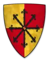 Arms of Geoffrey de Mandeville, Earl of Essex and Gloucester: Quarterly Or and gules, an escarbuncle sable.