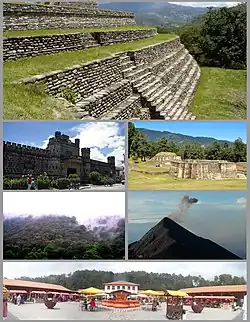 Counterclockwise from top:
English: Mixco Viejo Ruins in San Martín Jilotepeque, Castle in Chimaltenango, Iximche Ruins in Tecpan, Madrean pine–oak woodlands in Chimaltenango, Acatenango volcano in Acatenango, Hacienda Real in Tecpan