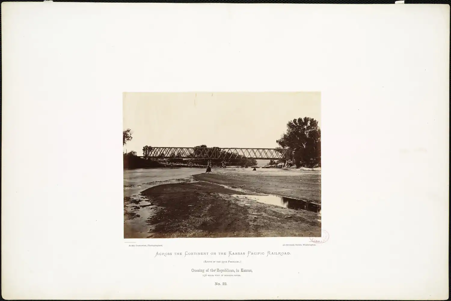 The Kansas Pacific Railway bridge across the Republican River and behind that, a pontoon bridge. [ Alexander Gardner (photographer), 1867].mw-parser-output cite.citation{font-style:inherit;word-wrap:break-word}.mw-parser-output .citation q{quotes:"\"""\"""'""'"}.mw-parser-output .citation:target{background-color:rgba(0,127,255,0.133)}.mw-parser-output .id-lock-free a,.mw-parser-output .citation .cs1-lock-free a{background:url("//upload.wikimedia.org/wikipedia/commons/6/65/Lock-green.svg")right 0.1em center/9px no-repeat}.mw-parser-output .id-lock-limited a,.mw-parser-output .id-lock-registration a,.mw-parser-output .citation .cs1-lock-limited a,.mw-parser-output .citation .cs1-lock-registration a{background:url("//upload.wikimedia.org/wikipedia/commons/d/d6/Lock-gray-alt-2.svg")right 0.1em center/9px no-repeat}.mw-parser-output .id-lock-subscription a,.mw-parser-output .citation .cs1-lock-subscription a{background:url("//upload.wikimedia.org/wikipedia/commons/a/aa/Lock-red-alt-2.svg")right 0.1em center/9px no-repeat}.mw-parser-output .cs1-ws-icon a{background:url("//upload.wikimedia.org/wikipedia/commons/4/4c/Wikisource-logo.svg")right 0.1em center/12px no-repeat}.mw-parser-output .cs1-code{color:inherit;background:inherit;border:none;padding:inherit}.mw-parser-output .cs1-hidden-error{display:none;color:#d33}.mw-parser-output .cs1-visible-error{color:#d33}.mw-parser-output .cs1-maint{display:none;color:#3a3;margin-left:0.3em}.mw-parser-output .cs1-format{font-size:95%}.mw-parser-output .cs1-kern-left{padding-left:0.2em}.mw-parser-output .cs1-kern-right{padding-right:0.2em}.mw-parser-output .citation .mw-selflink{font-weight:inherit}Alex. Gardner, photographer. Crossing of the Republican, in Kansas, 136 miles west of Missouri River. Across the continent on the Kansas Pacific Railroad: route of the 35th parallel. 1869 (approximate). The present Union Pacific Railroad and Custer Road/Grant Road (previously U.S. Route 40) still bridge the Republican River at the same locations. Public access to the Kansas River National Water Trail is between the two bridges.