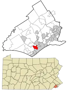 Location in Delaware County and the state of Pennsylvania.
