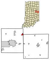 Location of Albany in Delaware County and Randolph County, Indiana.