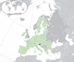 Location of Slovenia (dark green)– in Europe (green & dark grey)– in the European Union (green)