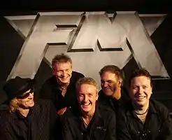 UK band FM at the video shoot for Wildside - Crewe, 26 July 2009. From left to right: Merv Goldsworthy, Jem Davis, Steve Overland, Pete Jupp, Jim Kirkpatrick
