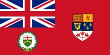 Flag of the lieutenant governor of Ontario from 1959 to 1965, the 1957 Canadian Red Ensign with the shield of Ontario below the Union Flag.