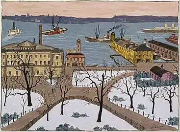 Battery Park; by Glenn O. Coleman; gouache on paper, 31 cm × 42 cm (12+1⁄4 in × 16+1⁄2 in).