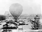 Henri Giffard's tethered passenger balloon prior to an ascent from Tuilerie Garden in 1878.