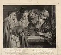 Henri Simon Thomassin&nbsp;[fr] after Watteau, Coquettes qui pour voir, before 1731, etching, Biblioteca Nacional de España, Madrid