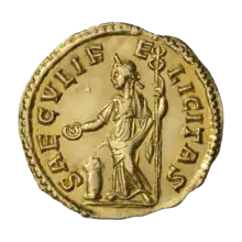 A golden coin bearing the inscription of a standing Felicitas, facing left