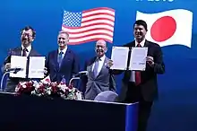 Japan's Ministry of Economy, Trade and Industry Tatsuo Terzawa (left) and US Undersecretary of State Keith Krach (right) sign $10 billion Blue Dot Network energy agreement during the Indo-Pacific Business Forum in Bangkok on 4 November 2019.