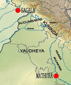 Location of the Arjunayanas relative to other groups: the Audumbaras, the Kunindas, the Vemakas, the Vrishnis, the Yaudheyas, and the Pauravas.