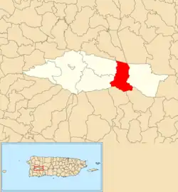 Location of Indiera Baja within the municipality of Maricao shown in red