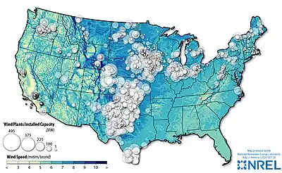 Wind plants by capacity with average wind speeds at 100 meters, 2020.