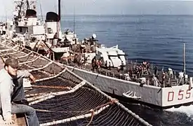 Impetuoso coming alongside USS Kalamazoo in the Mediterranean Sea in June 1977.