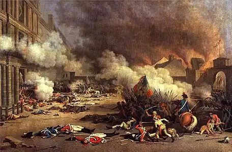 Smoke is billowing throughout the top two-thirds of the picture, dead guards are scattered in the foreground, and a battle with hand-to-hand combat and a horse is in the bottom right.