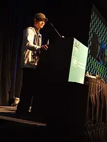A photo of the designer and programmer of Hotline Miami 2, Jonatan Söderström, at the Game Developers Conference in 2010.