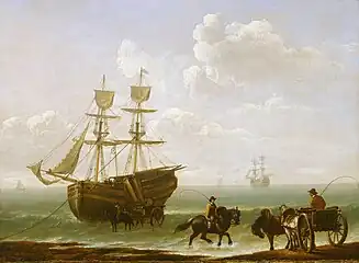A beached collier unloading into carts (1790), Royal Museums Greenwich